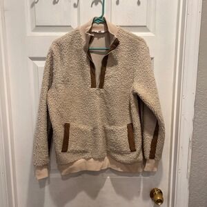 THML Women's Medium Sherpa Pullover 1/4 Zip Beige Brown Trim‎ Sweater